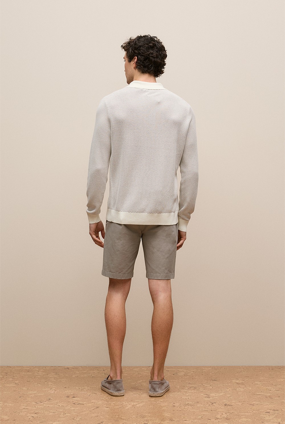 Linear Texture Knit Long Sleeve Polo