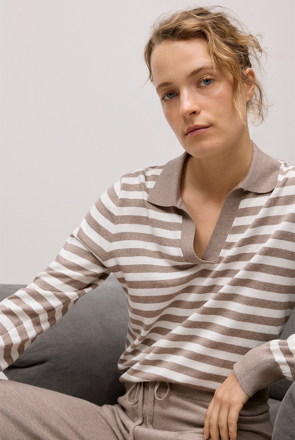 Cotton Cashmere Stripe Knit Polo