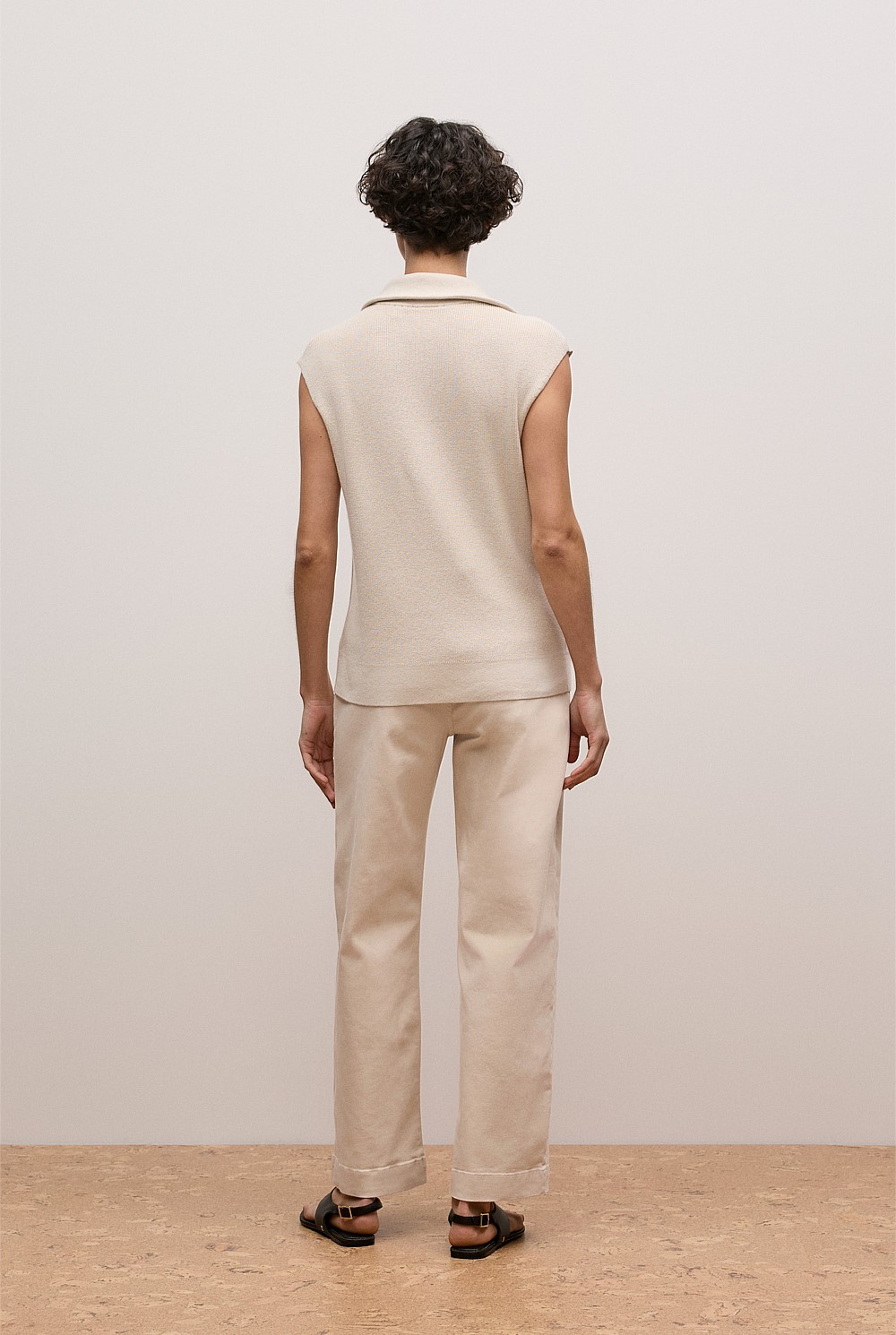 Cotton Cashmere Sleeveless Button Neck Knit