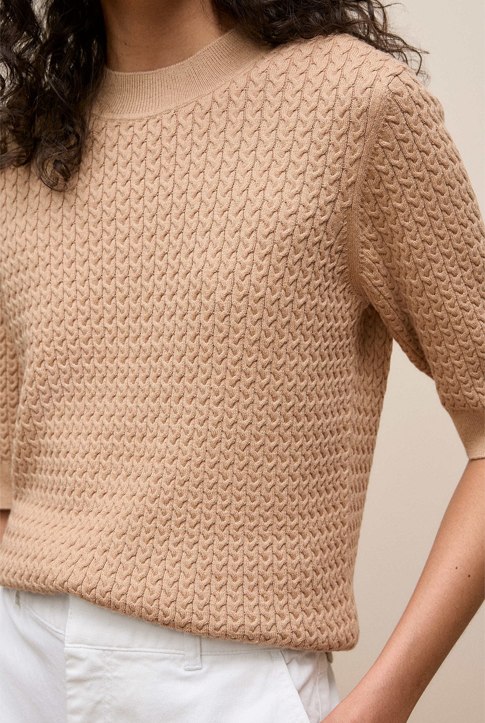 Cotton Cashmere Cable Mock Neck Knit