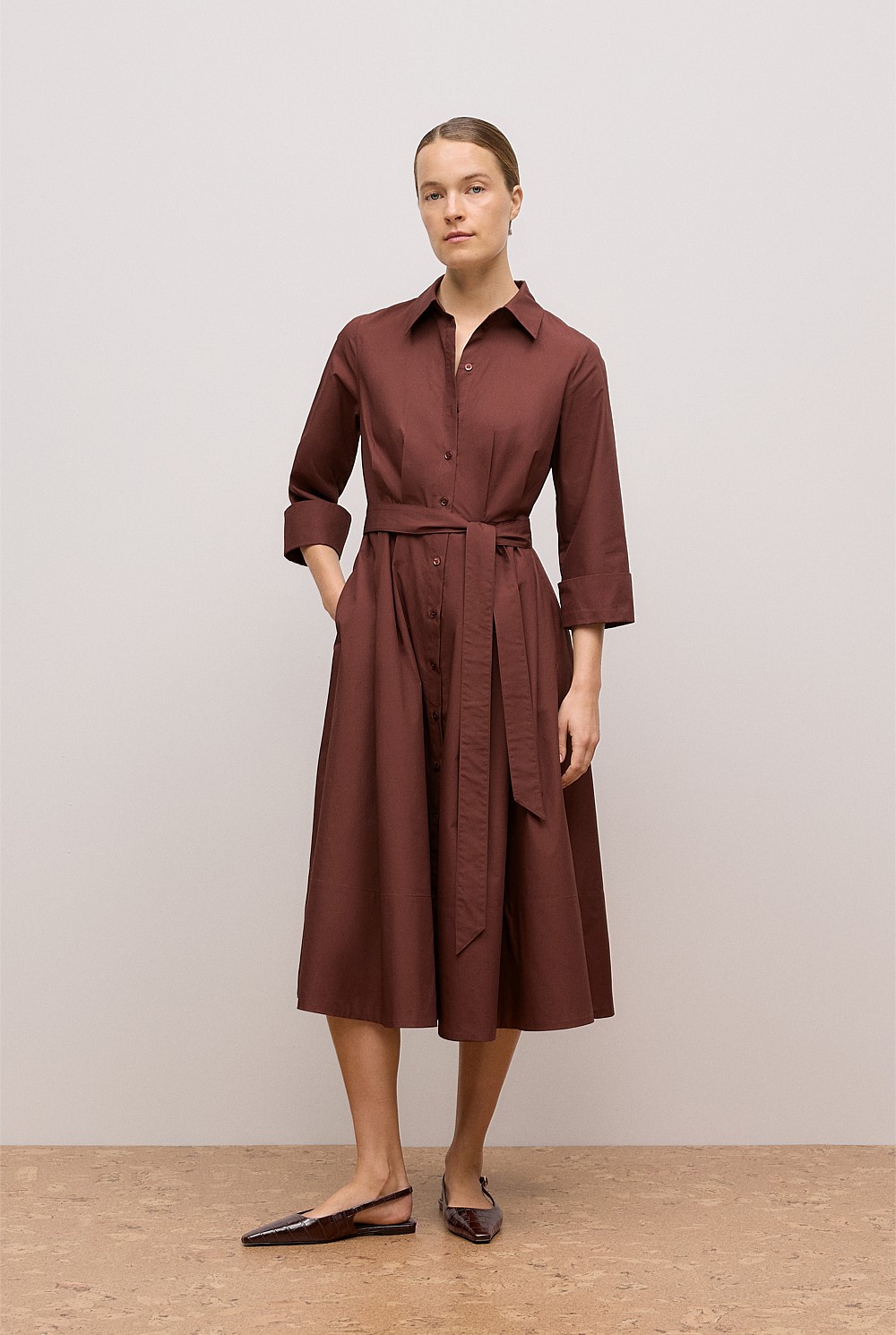 Cotton Poplin Cuff Detail Shirt Dress
