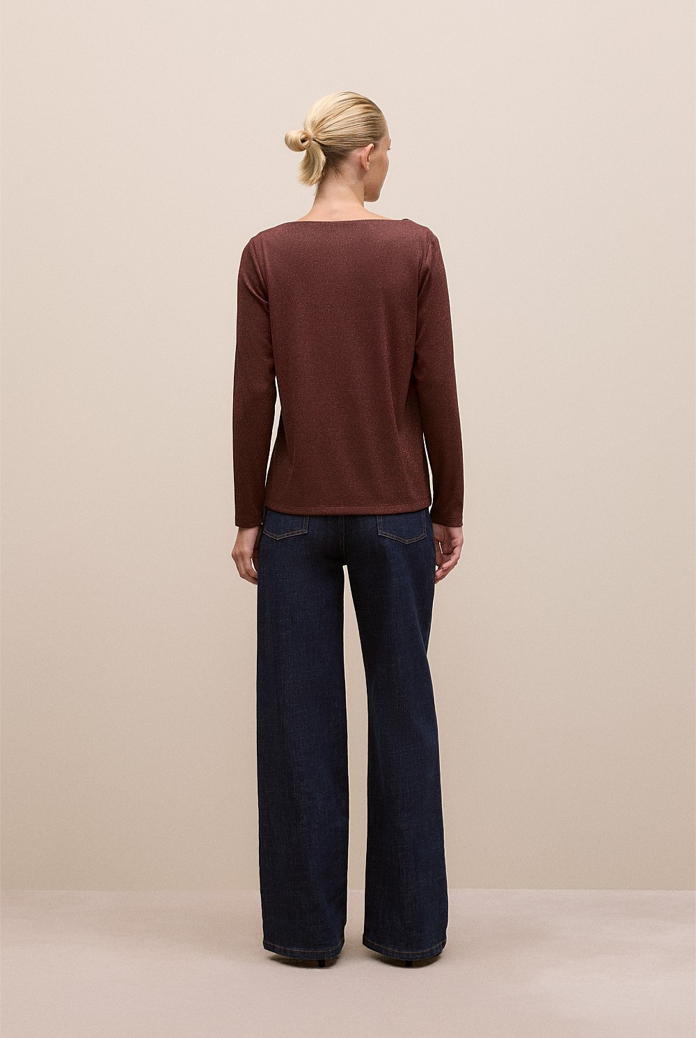 Metallic Boat Neck Long Sleeve T-Shirt