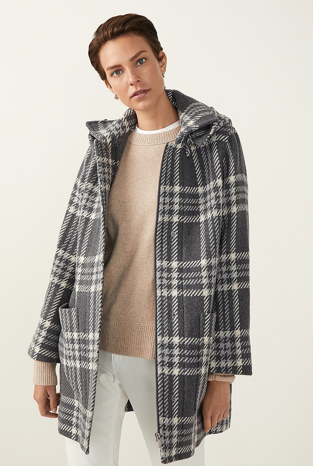 Check Wool Blend Duffle Coat