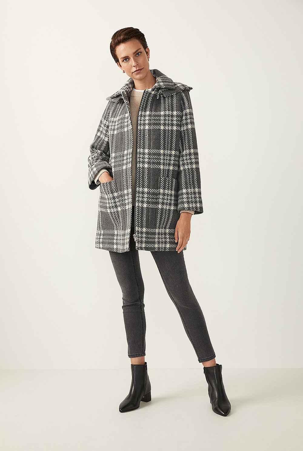 Check Wool Blend Duffle Coat
