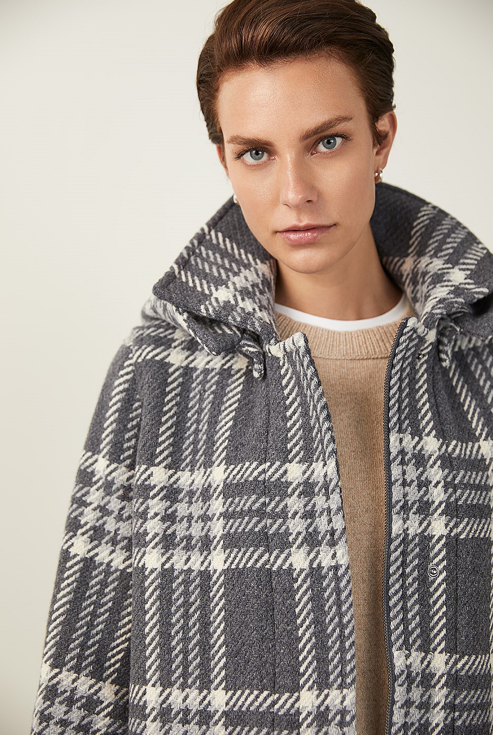 Check Wool Blend Duffle Coat