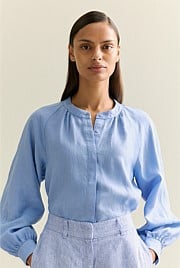 Linen Collarless Blouson Sleeve Blouse