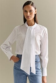 Yarn Dyed Cotton Stripe Tie Neck Shirt