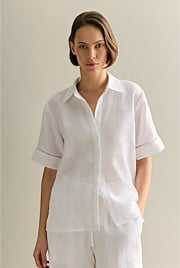 Delave Linen Ladder Stitch Detail Short Sleeve Shirt