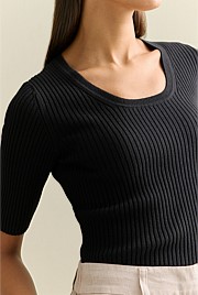 Cotton Cashmere Blend Rib Knit T-shirt