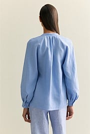 Linen Collarless Blouson Sleeve Blouse