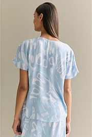 Draped Twill Butterfly Print V Neck Top