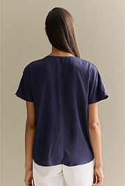 Draped Twill V Neck Top