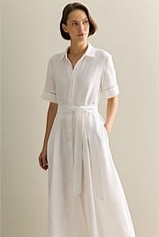 Linen Ladder Stitch Detail Short Sleeve Dress