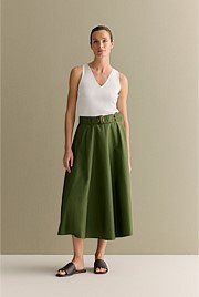 Cotton Sateen Belted Midi Skirt